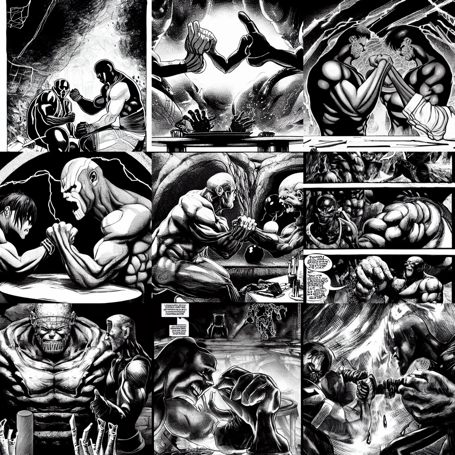 Prompt: black and white thanos plays arm wrestling with the thanos at a broken table in a cave, by tsutomu nihei, black and white, old cave with slime and wires background