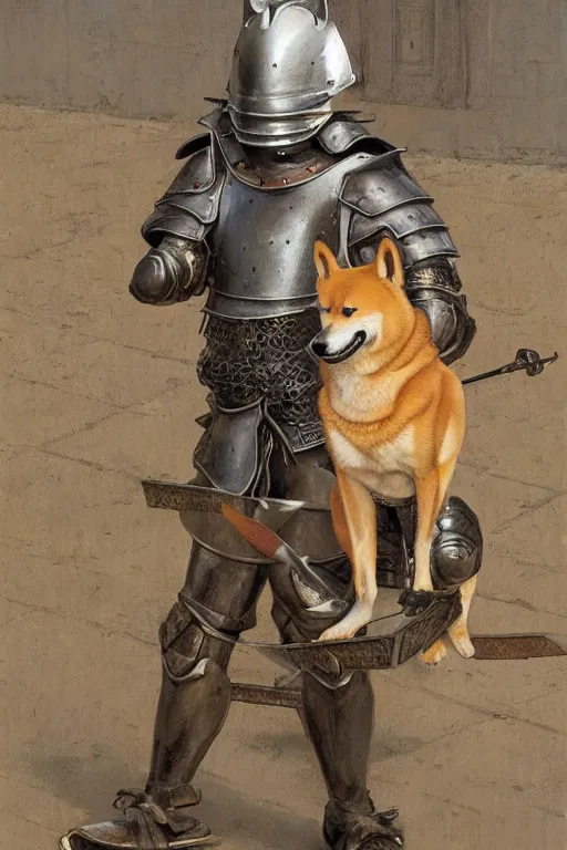 Image similar to a detailed matte portrait of an anthropomorphic shiba inu in steel plate armor, shiba inu face, very large longsword leaning against the side of a tavern, city streets, masterpiece, 8 k, art by donato giancola and greg rutkowski and wayne barlow and zdzisław beksinski