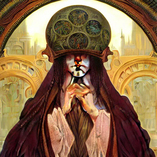 Image similar to portrait painting of robed figure, ultra realistic, concept art, intricate details, ornate, highly detailed, photorealistic, photorealism, octane render. art by wayne barlowe and alphonse mucha and james jean