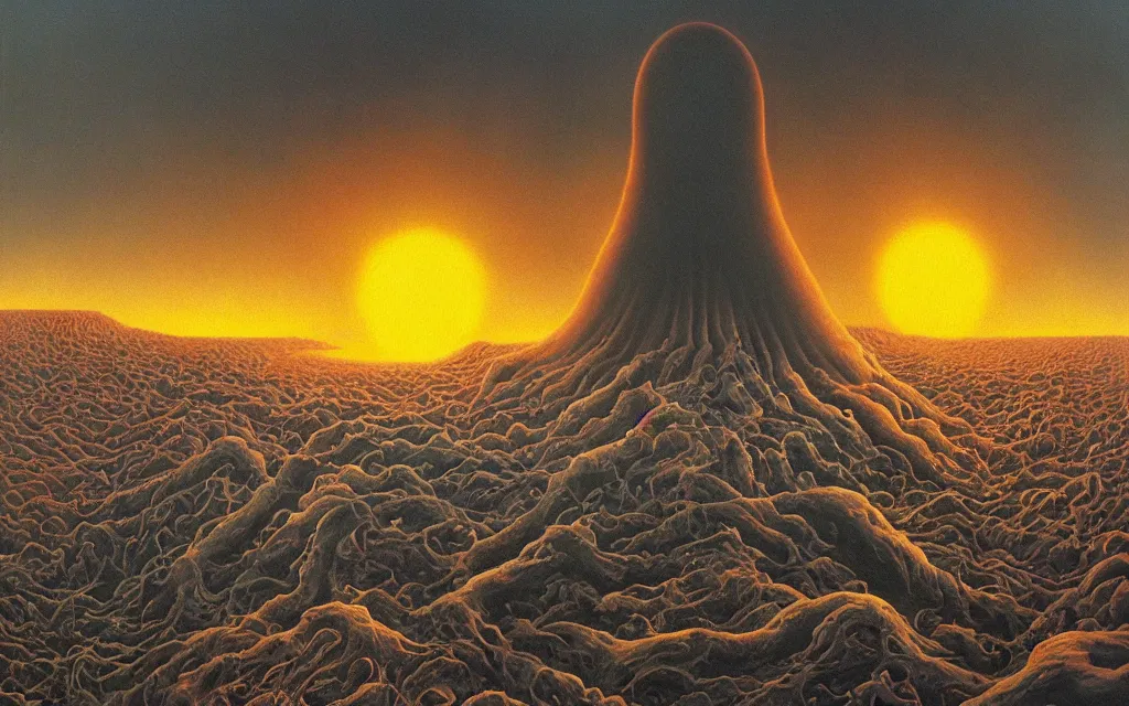 Prompt: black dead sun howling radioactive dread sun of the void above the tomb wastes, award winning oil painting by Michael Whelan, nuclear color palette