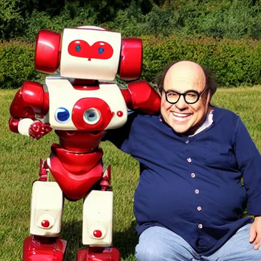 Image similar to <picture meta='attention-grabbing' description='cute adorable friendly caring' robotDesires='hug' location='alabama'>Robot meets Danny DeVito<picture>