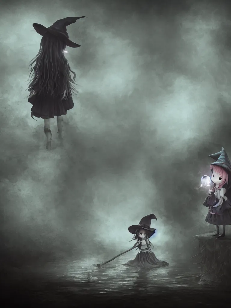 Image similar to cute fumo plush girl witch standing in reflective murky river water, otherworldly gothic horror maiden in tattered cloth, hazy heavy swirling murky volumetric fog and smoke, moonglow, lens flare, vray