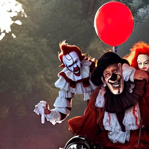 Image similar to pennywise the clown riding on danny trejo's back in a mystical void