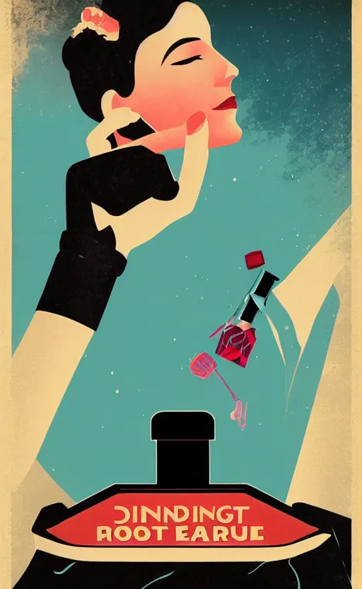 Image similar to illustration with hand holding beautiful bottle of perfume near nose, sniffing the aroma, an art deco painting by tom whalen, trending on behance, art deco, digital illustration, storybook illustration, grainy texture, flat shading, vector art, airbrush, pastel, watercolor, poster