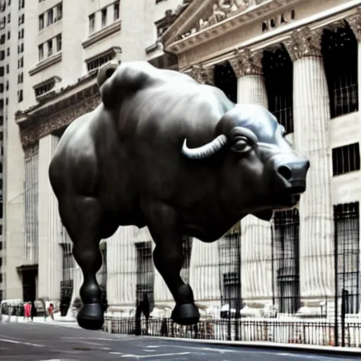 Prompt: close up photo of The Wall street bull shocked about the stock market crash, highly detailed