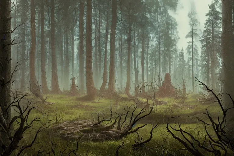 Prompt: eldritch horror in a swedish forest, very low angle photograph, very detailed, trending on artstation, realistic, soft colors, simon stålenhag