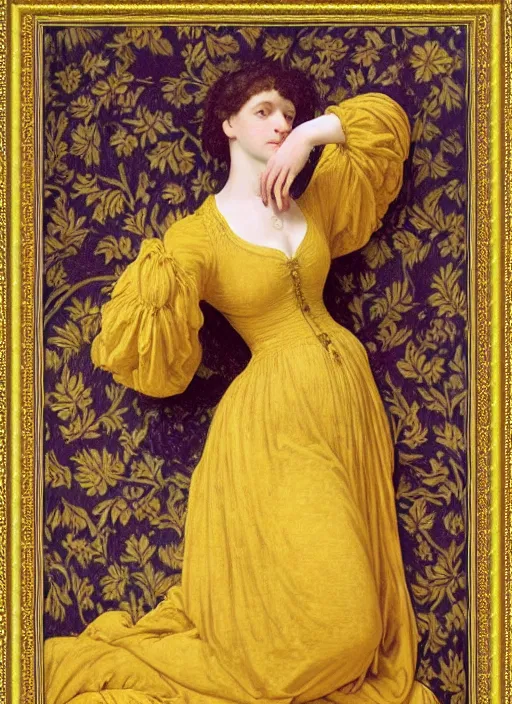 Image similar to portrait of lady reclining on bed wearing yellow ochre ornate medieval dress, foreshortening, framed, preraphaelite colour photography by frederic leighton, william morris, 8 k