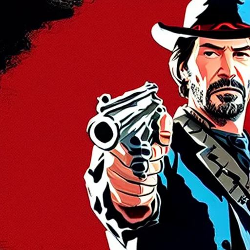 Prompt: Keanu Reeves as a Red Dead Redemption 2 character, dressed as a Western sheriff, game box art
