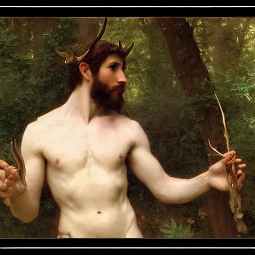 Image similar to photorealistic portrait of horned god Pan in the forest by Bouguereau