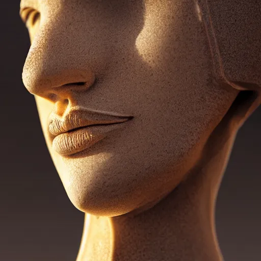 Image similar to the head of a marble cybernetic lady justice statue on ground covered in sand, cyberpunk background, highly detailed, epic lighting, hyper photorealism, 8 k