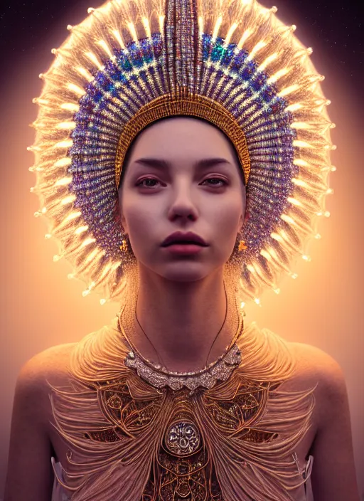 Prompt: absurdly beautiful, fashionable young woman with clear white skin, wearing a headdress made from diamonds and gold, in the fourth dimension, psychedellic, ayahausca, tryptamine, hyperdetailed illustration by irakli nadar and alexandre ferra, intricate linework, unreal engine 5 highly rendered, global illumination, radiant light, detailed and intricate environment