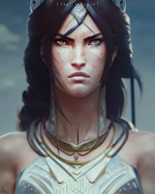 Image similar to azctec warrior, megan fox, detailed perfect face, exquisite details, fire magic, mid view, design on a white background, by studio muti, greg rutkowski makoto shinkai takashi takeuchi studio ghibli