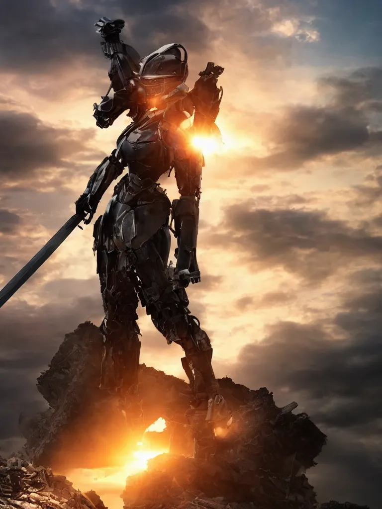 Image similar to emily blunt in futuristic power armor, close up portrait, solitary figure standing atop a pile of rubble, holding a sword on her shoulder, sunset and big clouds behind her