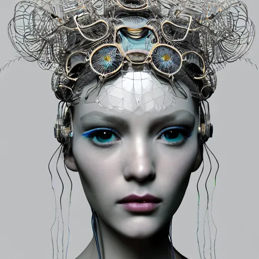 Image similar to closeup portrait of an absurdly beautiful, graceful, sophisticated, fashionable cyberpunk mechanoid gravure idol, an ultrafine hyperdetailed illustration by irakli nadar, matt wisniewski style, intricate linework, porcelain skin, iridescent jellyfish headdress, fractal ivory carved ruff, unreal engine 5 highly rendered, global illumination, radiant light, detailed and intricate environment