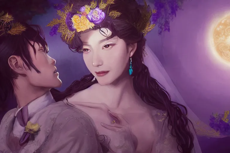 Image similar to a cinematic portrait of wedding photograph jpeg close up moment of a divine a japan sun god and moon goddess lovers magician at a wedding banquet. portraiture. digital painting. artstation. concept art. fantasy wedding photo. digital painting, 8 k realistic, hyper detailed, violet evergarden art masterpiece by art by krenz cushart