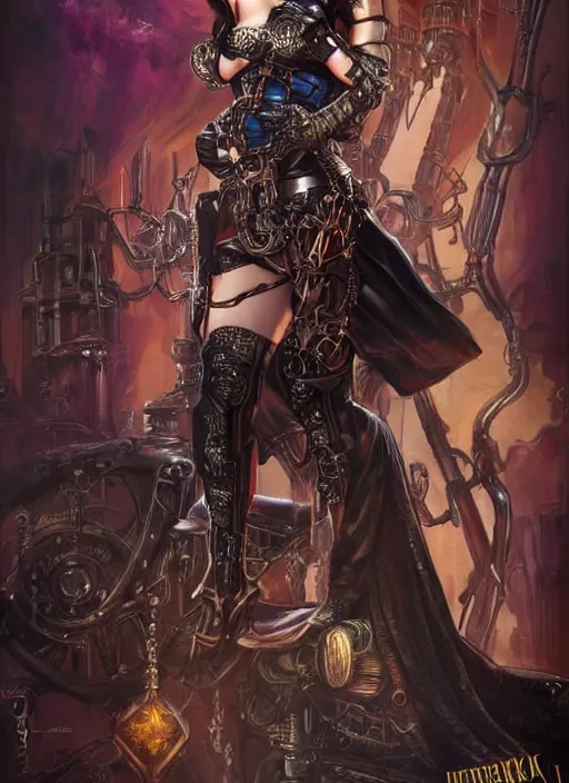 Image similar to front portrait of attractive Adriana Lima as Lady Mechanika with both hands hidden behind her back, Intrincate background with steampunk imagery , D&D!, fantasy style, sharp focus!, ultra detailed, art by Artgerm and Peter Andrew Jones, WLUP