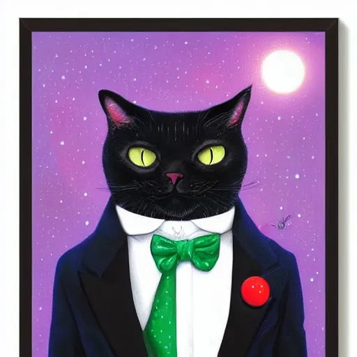 Image similar to portrait illustration of funny brittish cat with big green eyes, in the tuxedo and red tie, space and moon on the background by jeremiah ketner, quint buchholz, wlop, dan mumford