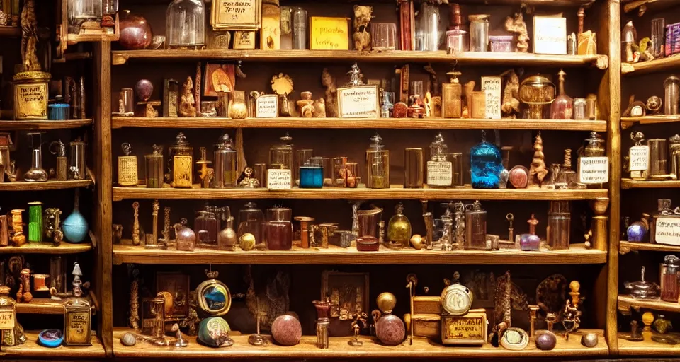 Image similar to a bookshelf of wonderful magical experiments, located in a wizard's shop, full of trinkets and magical potions flasks vials, bubbling liquids, smoking vessels