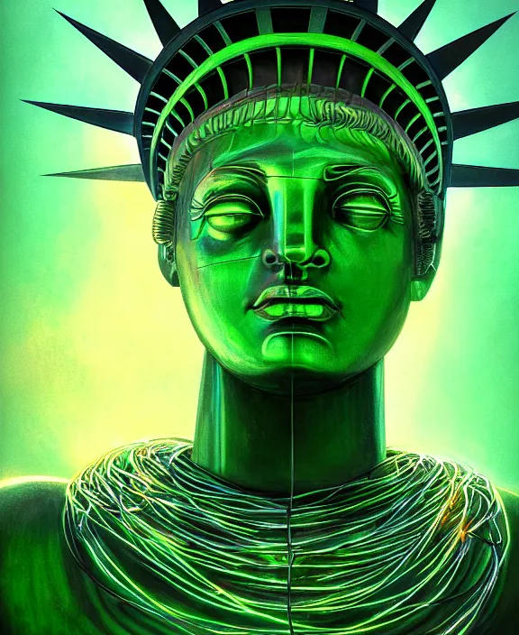 Prompt: statue of liberty robot, perfect face, symmetrical eyes, green skin, exposed wires and neon, cinematic, stunning, elegant, highly detailed, psychedelic, digital painting, artstation, smooth, hard focus, illustration, art by jessica rossier and and brian froud