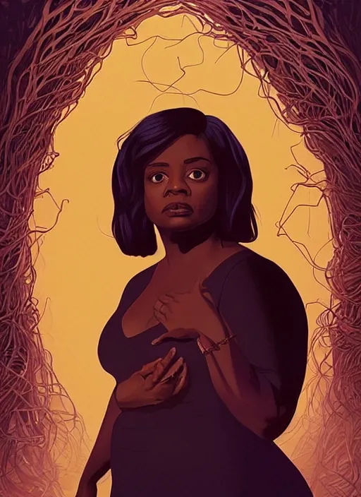 Image similar to poster artwork by Michael Whelan and Tomer Hanuka, Karol Bak of Octavia Spencer has a voice in her head, reality is a labyrinth, psychological thriller from scene from Twin Peaks, clean, simple illustration, nostalgic, domestic, full of details