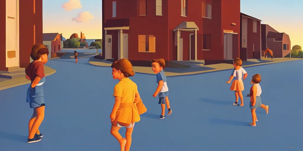 Image similar to quiet kids in the street, blue sky, summer evening, kenton nelson