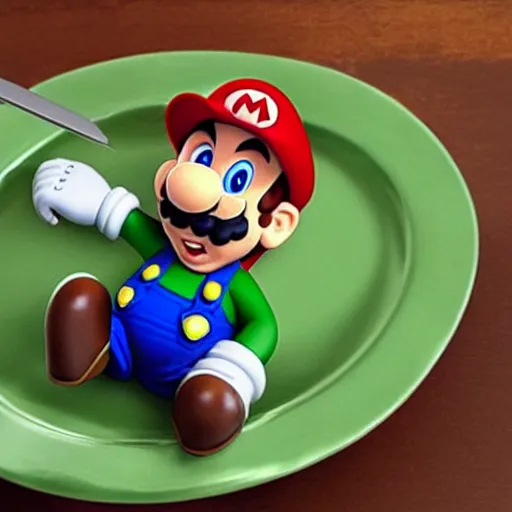 Image similar to Super Mario eating Luigi with a knife and fork on a toad mushroom