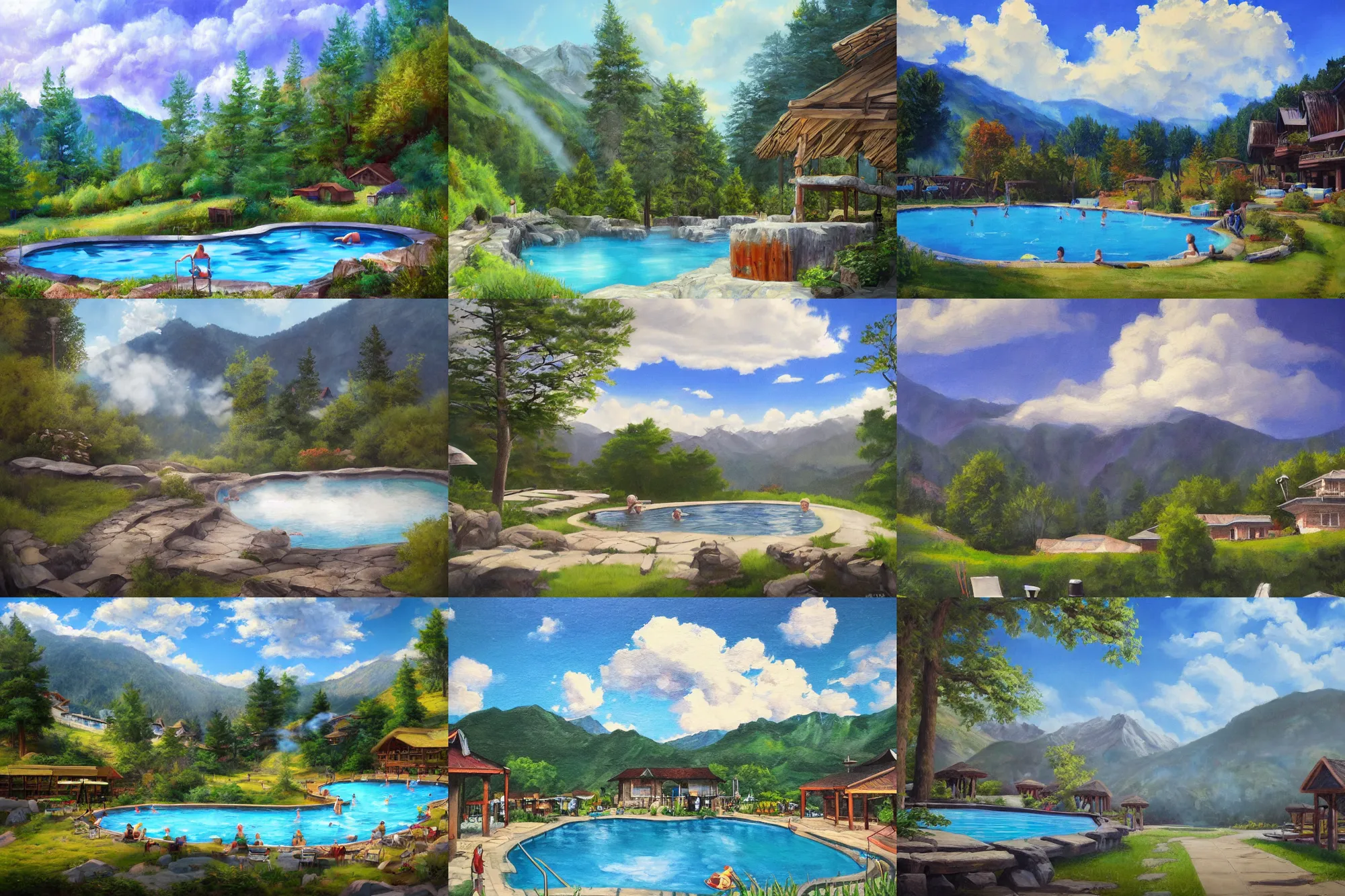 Prompt: holiday resort, hot springs pool in the mountains, relaxing, summer, trees, steam clouds, detailed painting, trending on artstation
