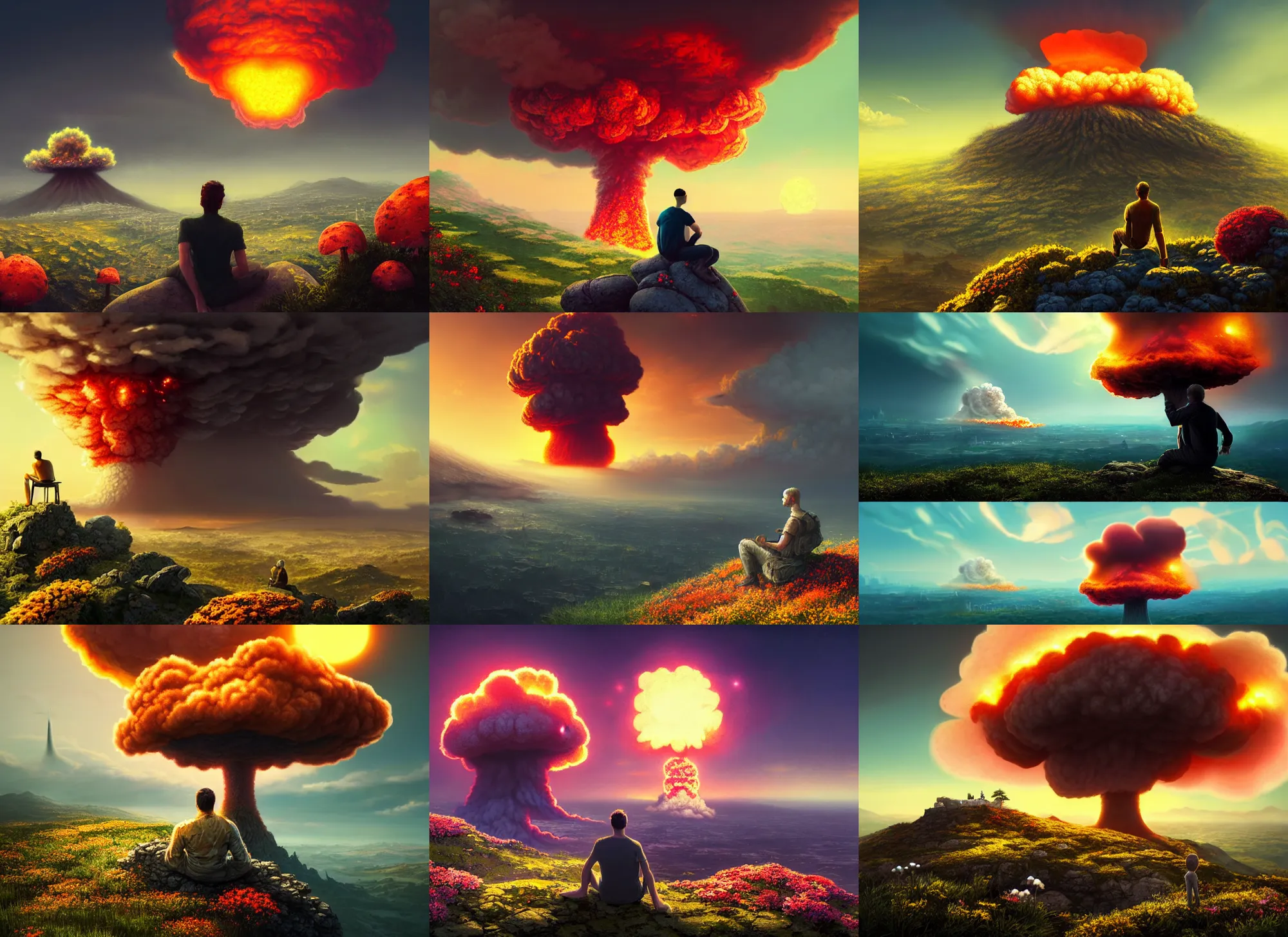 Prompt: a man sitting on top of a rock covered hillside with flowers watching a nuclear explosion in a distant city, mushroom cloud nuclear attack, sun set, a detailed matte painting by filip hodas, cgsociety, fantasy art, cinematic, artstation hq, vfxfriday, 4 k, dystopian art