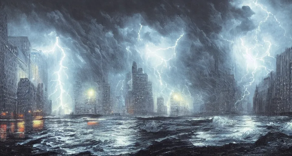 Prompt: lovecraftian eldritch!! creature!! destroying new york city, snowy, windy, by eugene von guerard, ivan shishkin, night, lightning!!, storm!, dramatic lighting, concept art, trending on artstation, 8 k