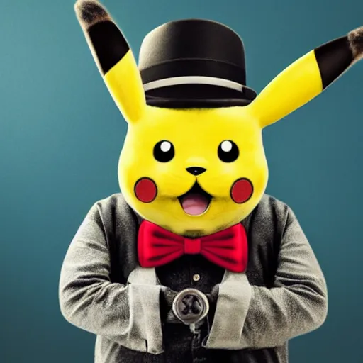 Prompt: pikatchu with a moustache, smoking a cigar with an angry expressive face, detailed photography