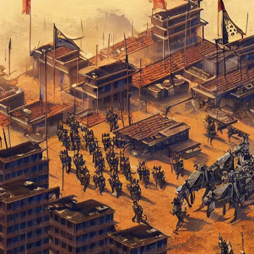 Image similar to (Age of Empires III), colony with checkered flags, rust and brutalist buildings . Propaganda poster, intricate, elegant, highly detailed, digital painting, artstation, concept art, matte, sharp focus, illustration, art by Enki Bilal and Moebius]