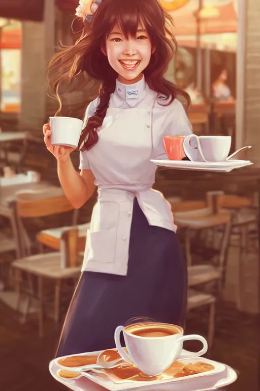 Prompt: a cute cafe waitress holding a coffee tray | | cute - fine - face, smiling, pretty face, fine details by stanley artgerm lau, wlop, rossdraws, james jean, andrei riabovitchev, marc simonetti, and sakimichan, trending on artstation