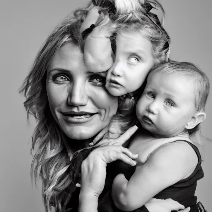 Prompt: cameron diaz holding an angry baby with her hair in curlers. close up professional photography