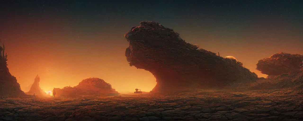 Image similar to ” barren landscape at night, [ cosmic, cinematic, detailed, epic, widescreen, opening, establishing, mattepainting, photorealistic, realistic textures, octane render, art by slop and paul lehr ] ”