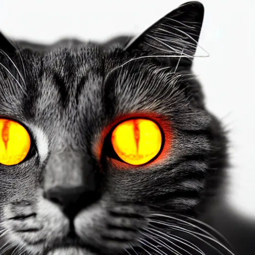 Image similar to a cat, glowing inferno eyes,black background, hyper realistic