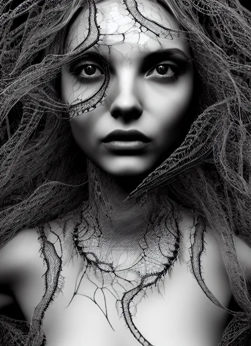 Image similar to surreal mythical dreamy dark artistic black and white fine art photo of a beautiful young female medusa - cyborg covered with lace fish scales and translucent algae, highly detailed, intricate crystal ivy jelly fish scales ornate, lace web, poetic, octane render, 8 k, photo - realistic