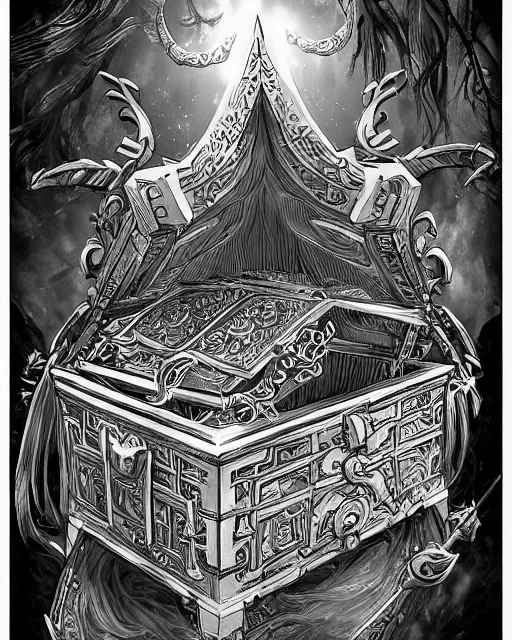 Image similar to a treasure chest closed, black and white, fantasy art, object art, in the style of masami kurumada, illustration, epic, fantasy, intricate, hyper detailed, artstation, concept art, smooth, sharp focus, ray tracing