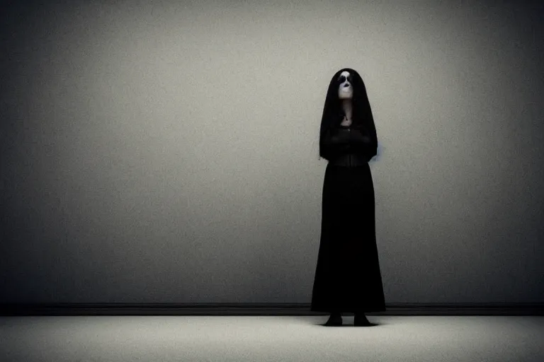 Image similar to a creepy woman wearing all black Tim Burton style, standing in a dark, eerie room, melancholic, dreary, sinister, 3D render,