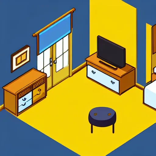 Image similar to rpg maker style bedroom, rpg game style, warm yellow lighting with shadows, isometric view, isometric perspective, 3 d, comforting, carpet on floor