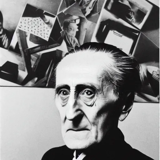 Image similar to underexposed photo of Marcel Duchamp in a room full with an ancient machine, tri-x, archival pigment print in the style of Hito Steyerl, contemporary art