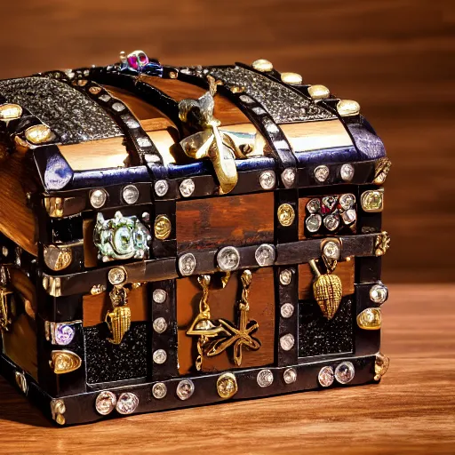Prompt: A pirate chest filled with jewels and crystal artefacts, 4k, hdri, museum quality photo