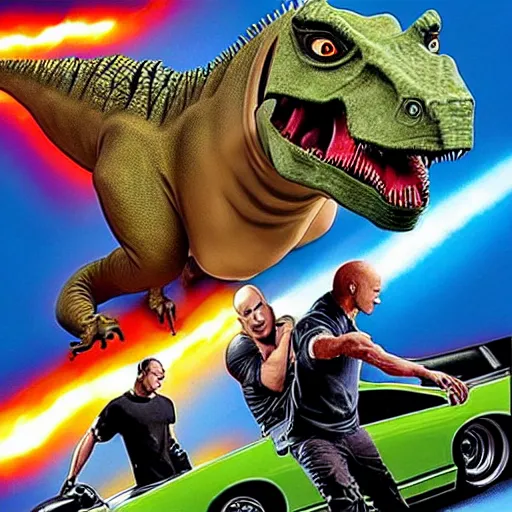 Image similar to the fast and the furious with robot dinosaurs