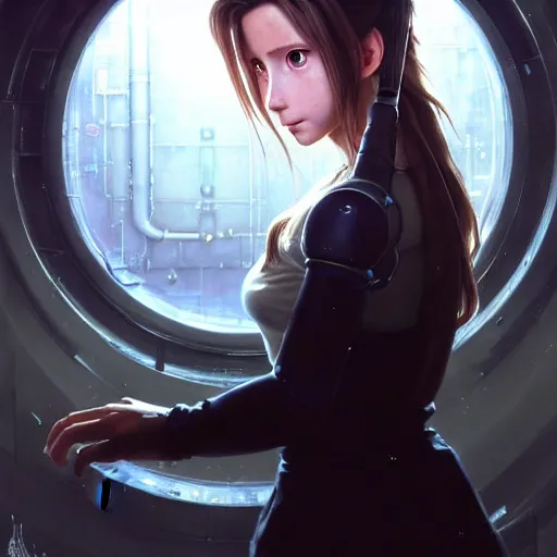 Image similar to Beautiful stunning portrait of Aerith Gainsborough by Greg Rutkowski. Aerith is hiding from a Shinra robot in the Reactor Core by Mark Arian. The Reactor Core is dark and stark and industrial by H.R. Giger. soft render, octane, intricate painting by Moebius. artstation Blank Canvas Scene by Tetsuya Nomura.
