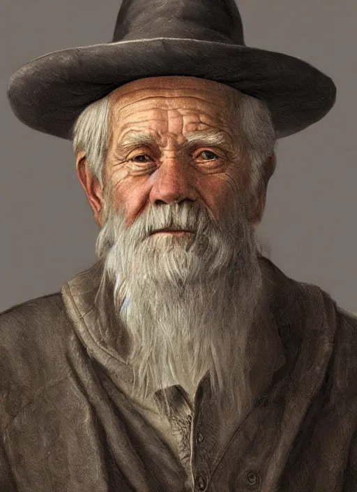 Image similar to realistic renderings of very old fisher man portrait with a hat, port scene background, astonishing scenes, detailed, photorealism