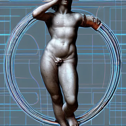 Image similar to a renaissance statue containing neon ring art, ray tracing, 3 d render, 8 k resolution, shar focus, hyper detailed, hyper realistic