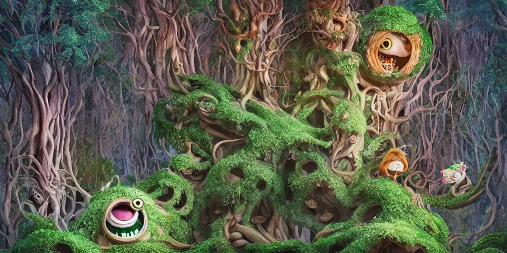 Image similar to of an intricate forest with strange cute friendly happy creatures with huge eyes, mouth, long tongue, round teeth and goofy face, appearing from the background, in the style of gehry and gaudi, macro lens, shallow depth of field, ultra detailed, digital painting, trending artstation, concept art, illustration, cinematic lighting, photorealism, epic, octane render