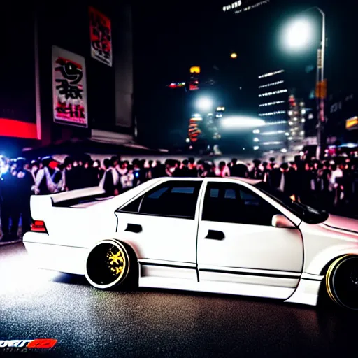 Image similar to a car JZX90 twin turbo drift at illegal car meet, Shibuya prefecture, city midnight mist lights, cinematic lighting, photorealistic, highly detailed wheels, high detail