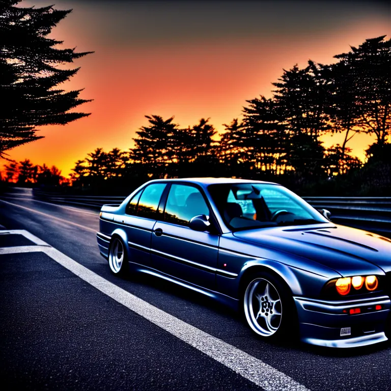 Image similar to close-up-photo BMW E36M middle of street, sunset kanagawa prefecture, night, cinematic color, photorealistic, highly detailed,