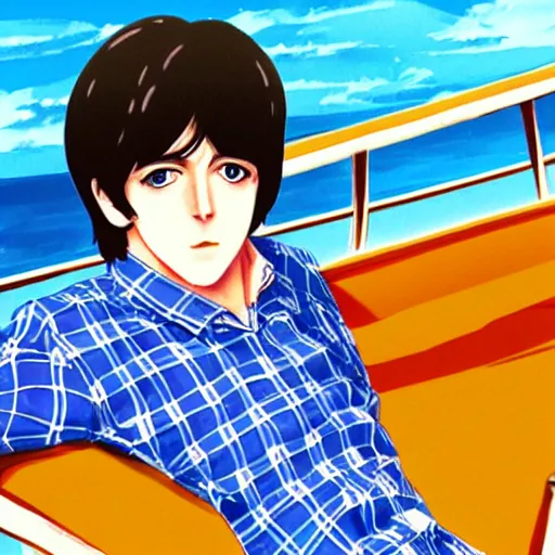 Image similar to s beautiful anime illustration of young Paul McCartney from the Beatles, wearing a blue and white check shirt and watch, relaxing on a yacht at sea, ufotable