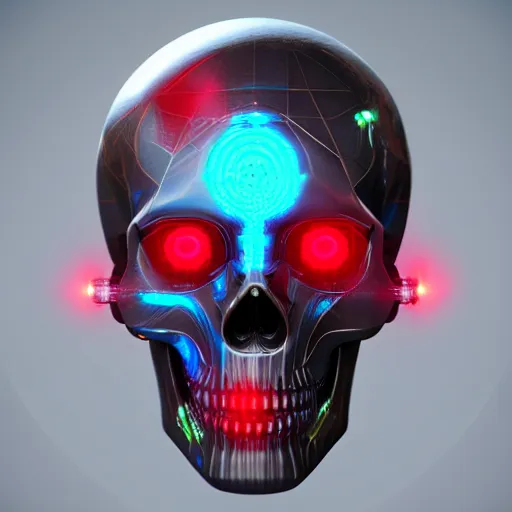 Image similar to a cyborg skull with holographic eyes. 3D octane render.